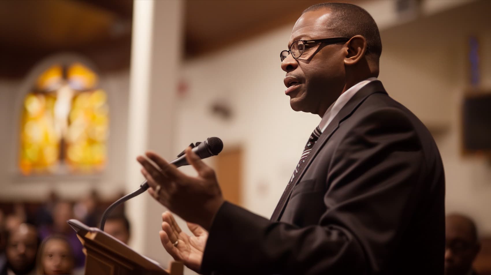 A pastor preaching into the microphone, mid-message