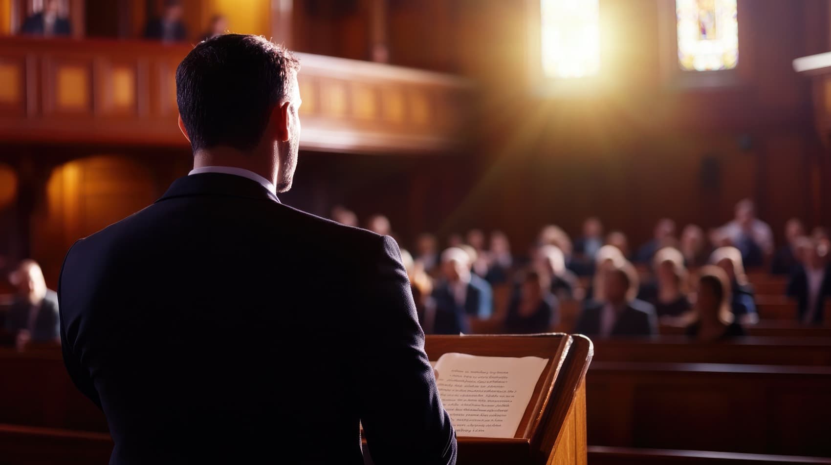 A pastor preaching from the pulpit to the gathered congregation, light through the windows