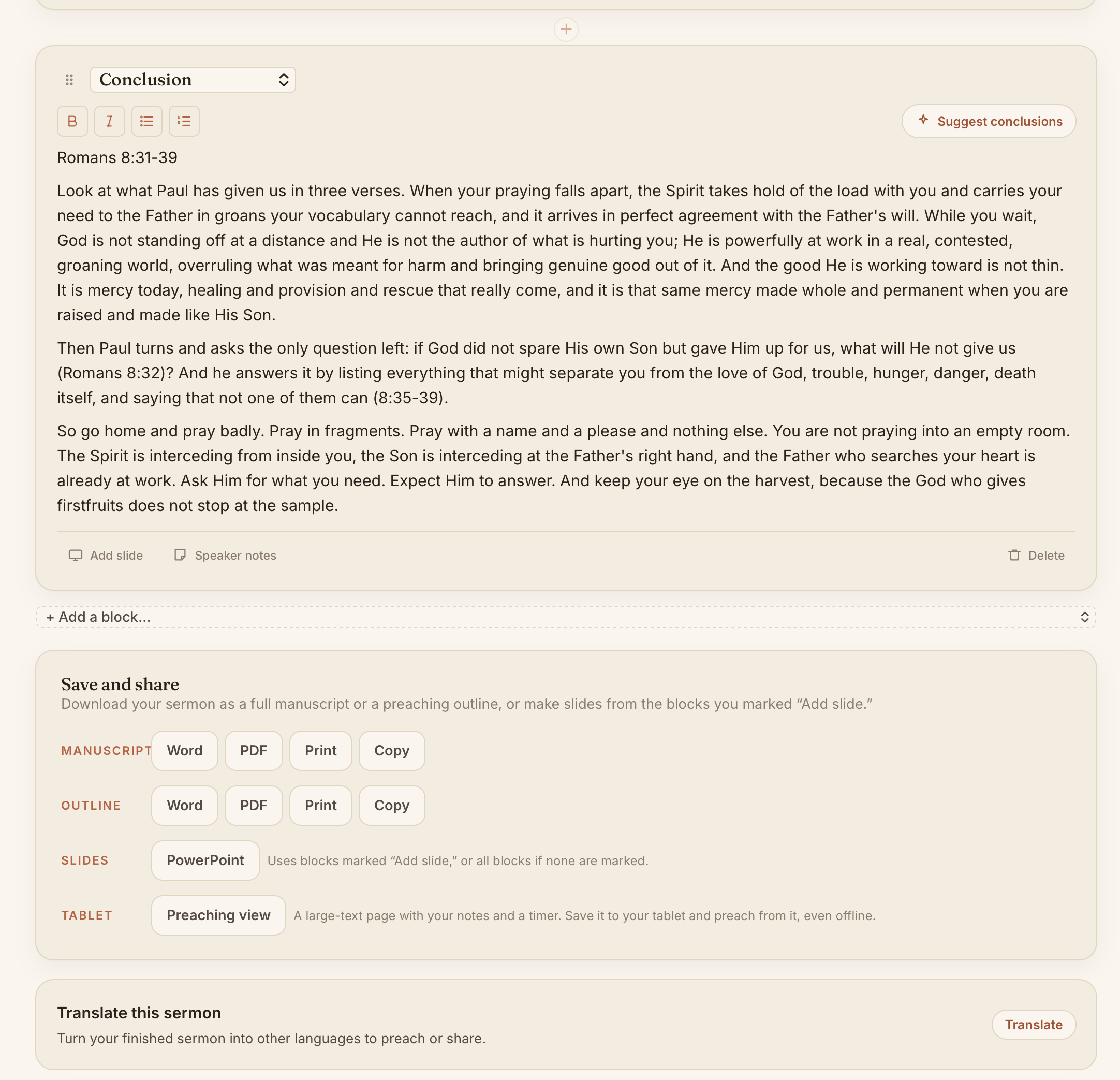 The Sermon Builder in use: a Conclusion block with its type menu, a Suggest button and speaker notes, and one-tap export to Word, PDF, PowerPoint slides, print, and a preaching view.